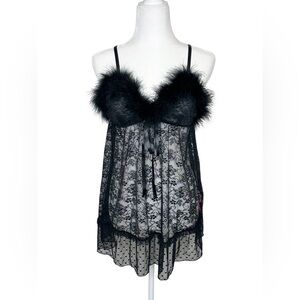 Betsey Johnson Black Marabou Feather Lace Babydoll Lingerie Chemise Size Small